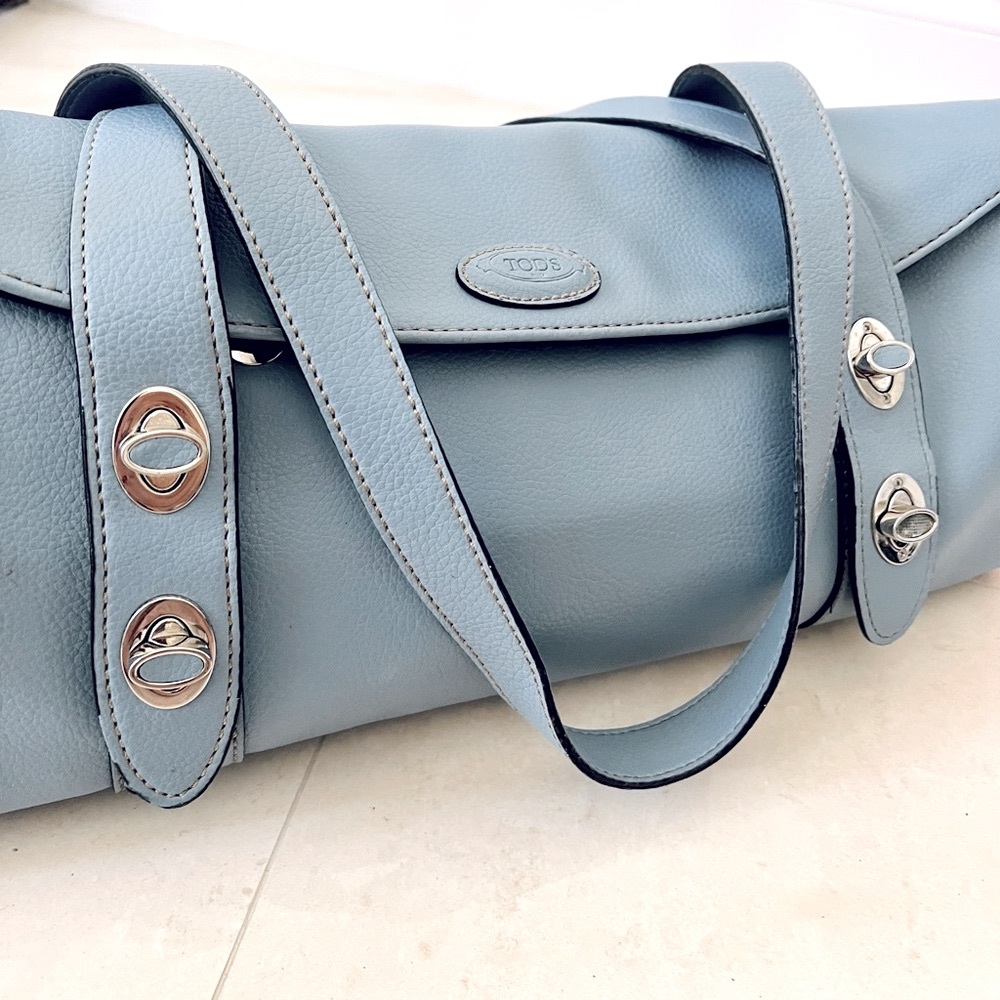 TOD'S HAUTE COUTURE LIGHT BLUE! SMALL LEATHER SATCHEL BAG WITH REMOVABLE STRAPS